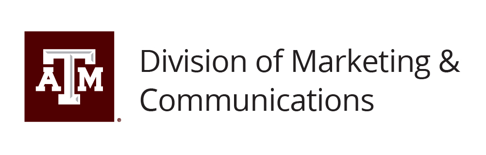 Example of a two-line unit identity for divisions &amp; services with the words "Texas A&amp;M University Division of Marketing &amp; Communications"&gt;