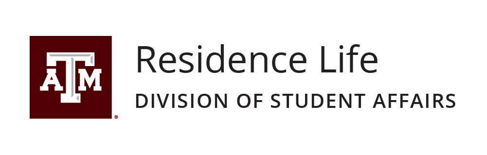 Example of a one-line unit identity for departments within a division with the words "Texas A&amp;M University - Residence Life - Division of Student Affairs"