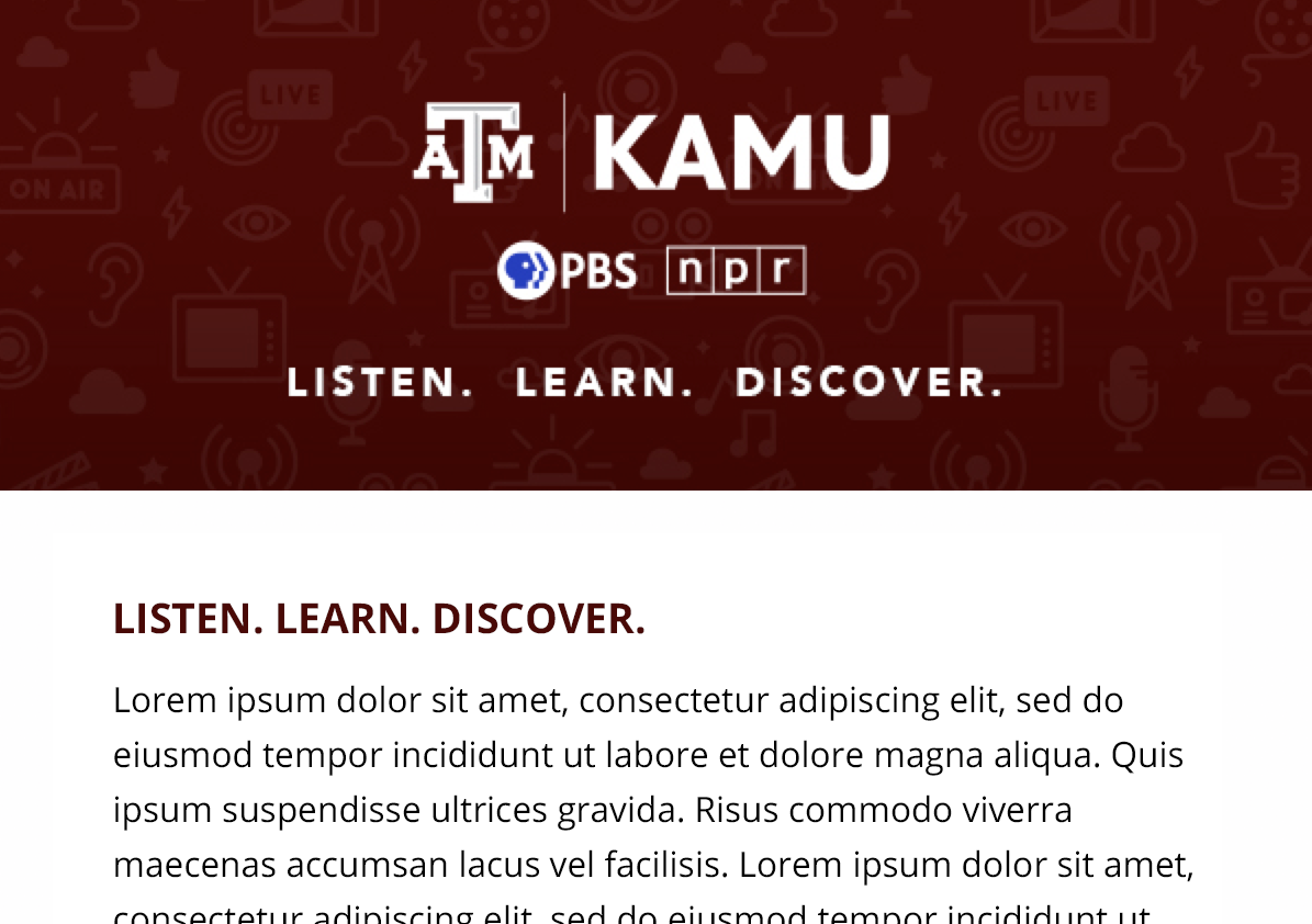 A proper example of an email header where the words of "listen learn discover" seen in the email image header are also found in the body text of the email in order to accommodate those with disabilities.