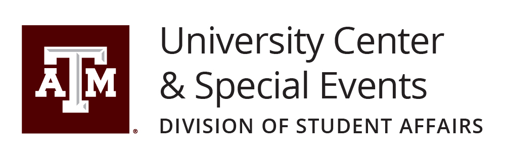 Example of a two-line unit identity for departments within a division with the words "Texas A&amp;M University - University Center &amp; Special Events - Division of Student Affairs"