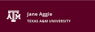 White engraving nametag template with Texas A&amp;M logo, person's name, and university affiliation