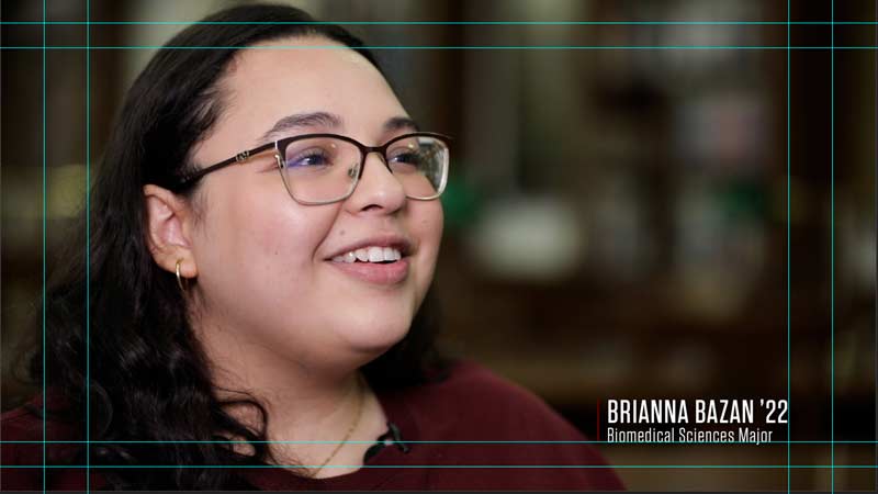 Video editing guides to display "Brianna Bazan '22" on the right side.