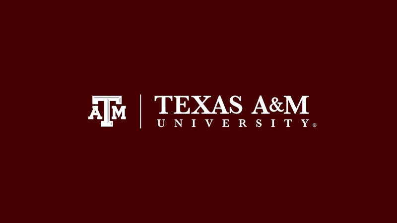 Texas A&amp;M University logo end slate over a dark maroon background.