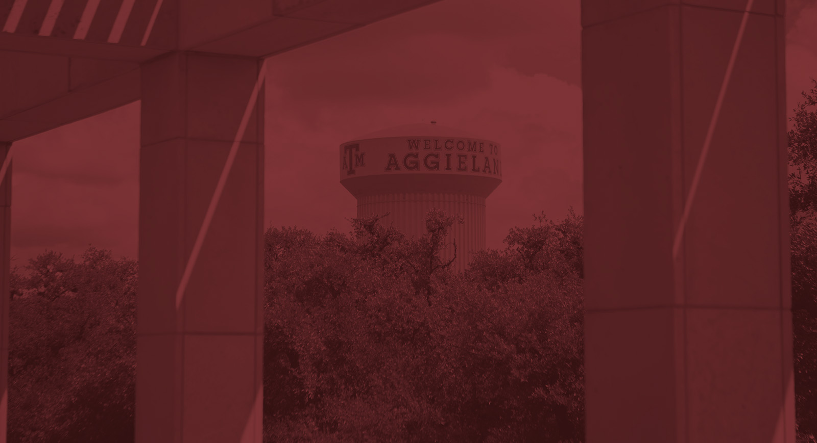 Welcome to Aggieland Water Tower behind a maroon gradient