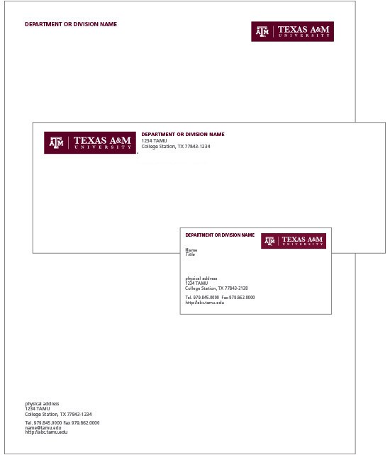 Texas A&amp;M examples of stationary by A4 paper, letter, and card.